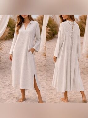 Free People Beach White Gray Stripe Midi Dress Kaftan Swim Cover Pockets large